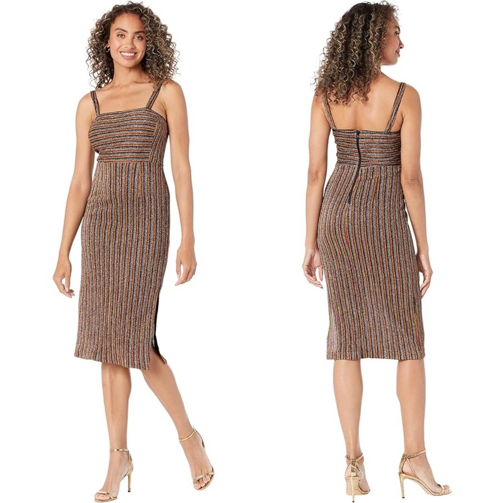Donna Morgan Lita Multi Color Metallic Striped Spaghetti Strap Midi Dress Size 6
